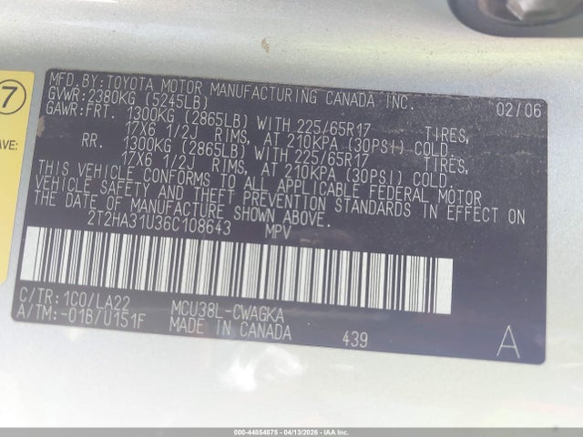 44854875 :رقم المزاد ، 2T2HA31U36C108643 vin ، 2006 Lexus Rx 330 مزاد بيع