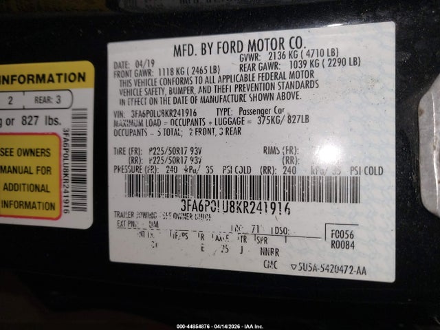 Aukcja sprzedaży 2019 Ford Fusion Hybrid Se, vin: 3FA6P0LU8KR241916, numer aukcji: 44854876