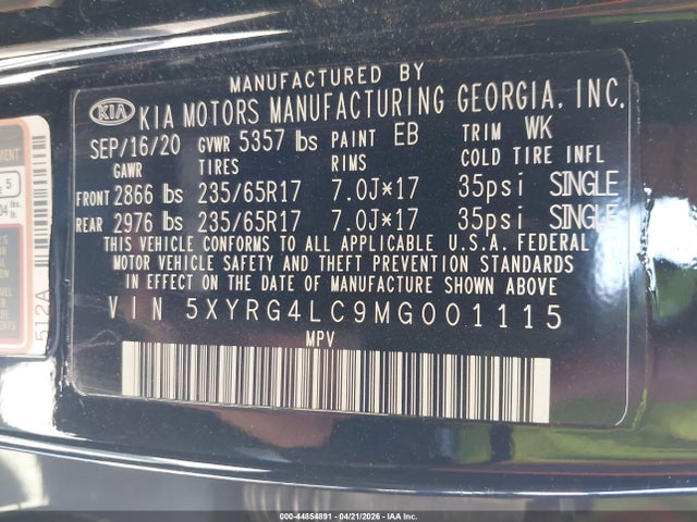 Aukcja sprzedaży 2021 Kia Sorento Lx, vin: 5XYRG4LC9MG001115, numer aukcji: 44854891