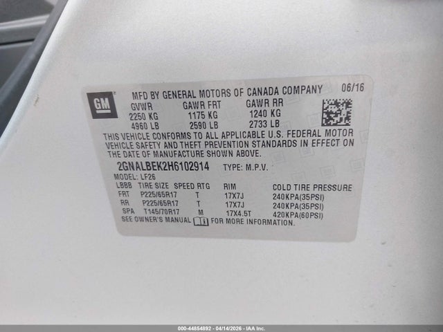 44854892 :رقم المزاد ، 2GNALBEK2H6102914 vin ، 2017 Chevrolet Equinox Ls مزاد بيع