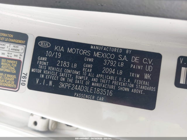 3KPF24AD3LE183516 KIA Forte Lxs