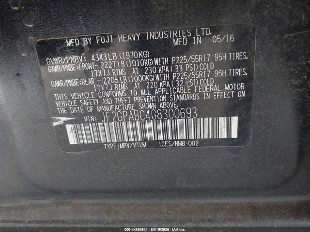 2016 Subaru Crosstrek 2.0i Premium მანქანა იყიდება აუქციონზე, vin: JF2GPABC4G8300693, აუქციონის ნომერი: 44854911