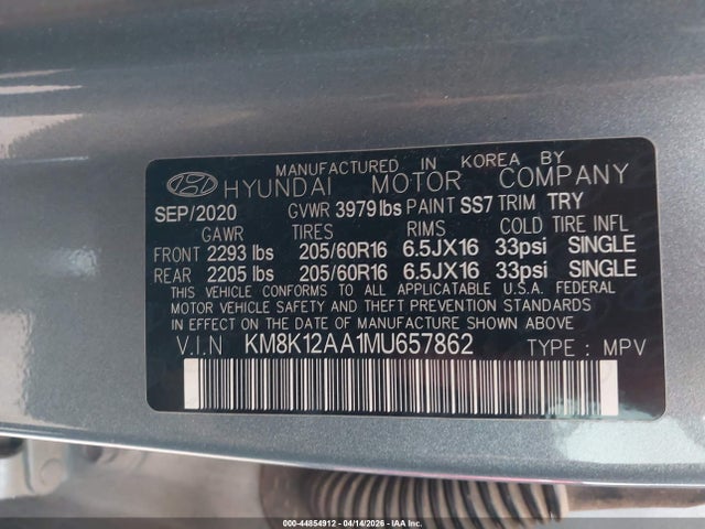 44854912 :رقم المزاد ، KM8K12AA1MU657862 vin ، 2021 Hyundai Kona Se مزاد بيع