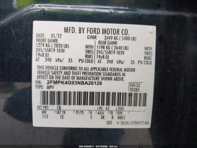 44854917 :رقم المزاد ، 2FMPK4G93NBA26128 vin ، 2022 Ford Edge Se مزاد بيع