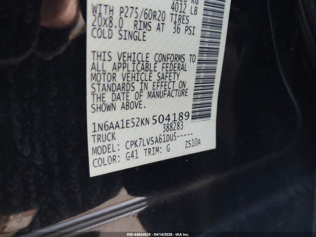 44854920 :رقم المزاد ، 1N6AA1E52KN504189 vin ، 2019 Nissan Titan Sl مزاد بيع