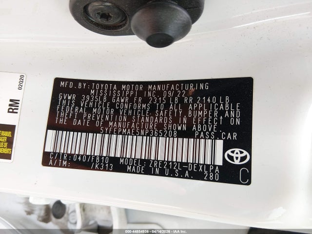 2022 Toyota Corolla Le მანქანა იყიდება აუქციონზე, vin: 5YFEPMAE5NP365208, აუქციონის ნომერი: 44854936