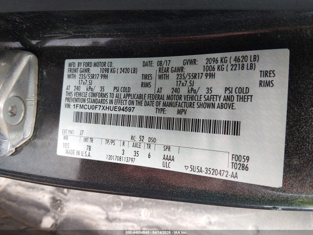 2017 Ford Escape S მანქანა იყიდება აუქციონზე, vin: 1FMCU0F7XHUE94597, აუქციონის ნომერი: 44854940