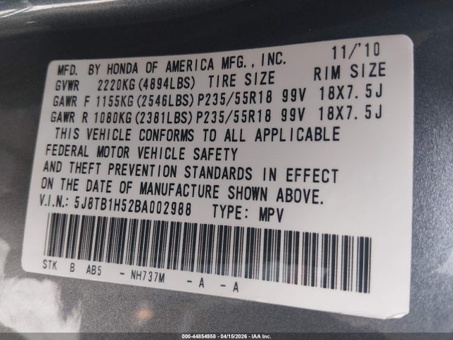 44854958 :رقم المزاد ، 5J8TB1H52BA002988 vin ، 2011 Acura Rdx مزاد بيع