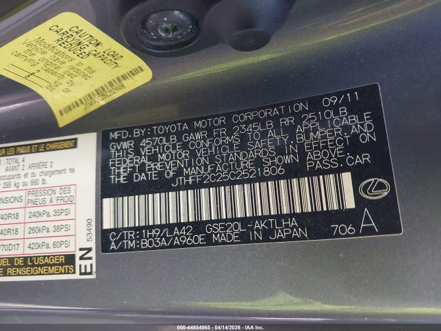 Продажа на аукционе авто 2012 Lexus Is 250c, vin: JTHFF2C25C2521806, номер лота: 44854965