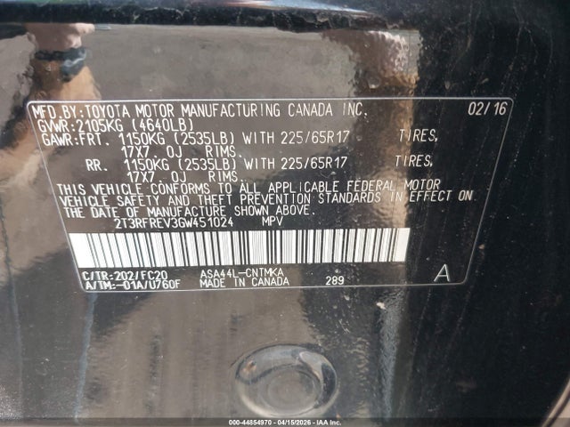 Продажа на аукционе авто 2016 Toyota Rav4 Xle, vin: 2T3RFREV3GW451024, номер лота: 44854970