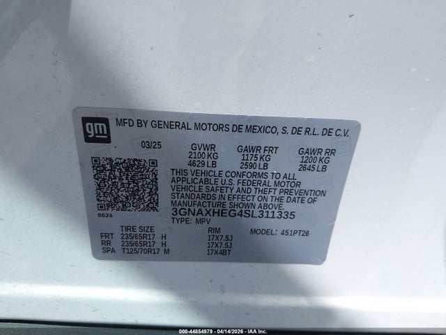 Aukcja sprzedaży 2025 Chevrolet Equinox Fwd Lt, vin: 3GNAXHEG4SL311335, numer aukcji: 44854979