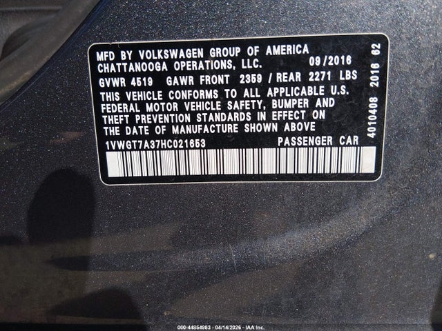 Aukcja sprzedaży 2017 Volkswagen Passat 1.8t Se, vin: 1VWGT7A37HC021653, numer aukcji: 44854983