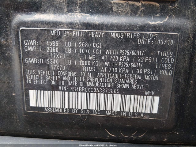 Продаж на аукціоні авто 2010 Subaru Outback 2.5i Limited, vin: 4S4BRCKC0A3373865, номер лоту: 44854984