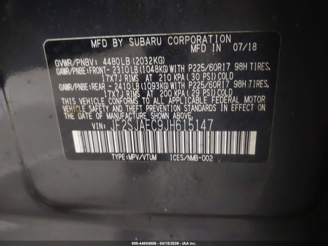 Aukcja sprzedaży 2018 Subaru Forester 2.5i Premium, vin: JF2SJAEC9JH615147, numer aukcji: 44854986