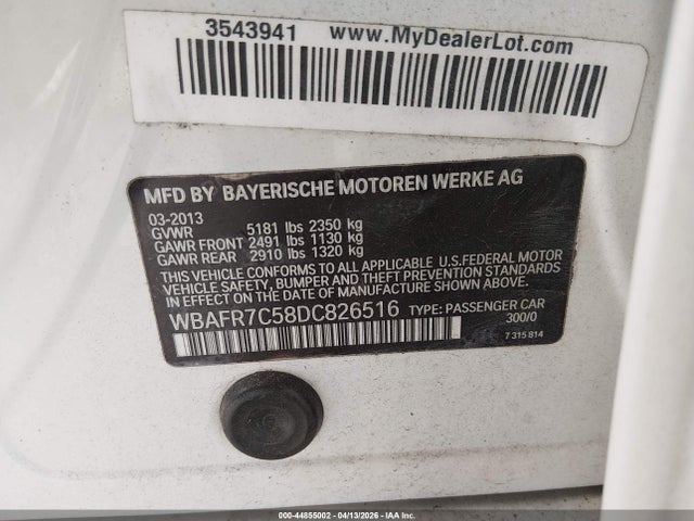 Продаж на аукціоні авто 2013 Bmw 535i, vin: WBAFR7C58DC826516, номер лоту: 44855002