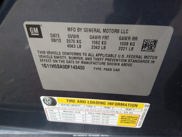 44855010 :رقم المزاد ، 1G11H5SA9DF143430 vin ، 2013 Chevrolet Malibu 1lz مزاد بيع