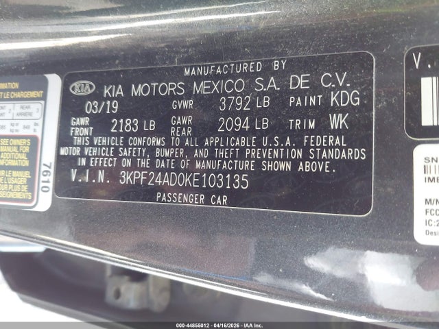 2019 Kia Forte Lxs მანქანა იყიდება აუქციონზე, vin: 3KPF24AD0KE103135, აუქციონის ნომერი: 44855012