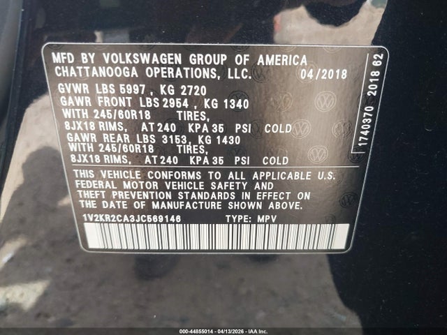 44855014 :رقم المزاد ، 1V2KR2CA3JC569146 vin ، 2018 Volkswagen Atlas 3.6l V6 Se مزاد بيع