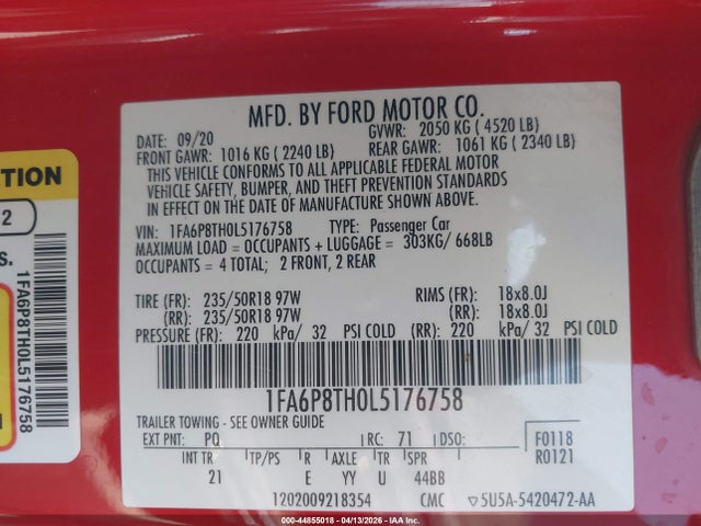 Ford Mustang Ecoboost Fastback 2020 1FA6P8TH0L5176758 Image 9