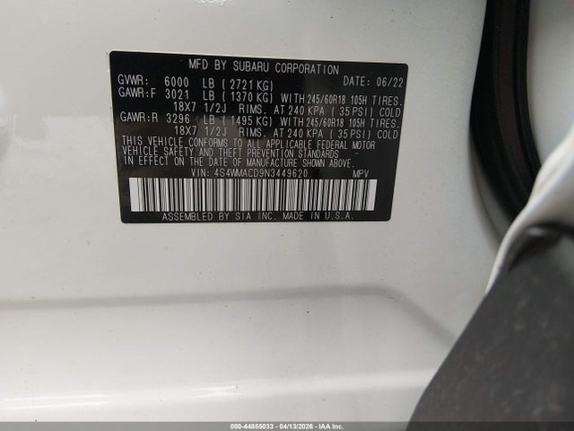 Продаж на аукціоні авто 2022 Subaru Ascent Premium, vin: 4S4WMACD9N3449620, номер лоту: 44855033