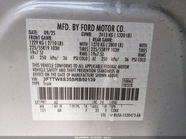 Aukcja sprzedaży 2025 Ford Maverick Lariat, vin: 3FTTW8S35SRB50139, numer aukcji: 44855035
