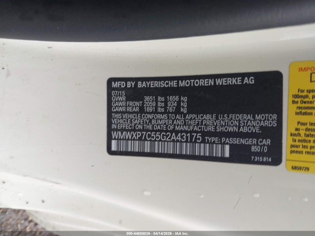 Aukcja sprzedaży 2016 Mini Hardtop Cooper S, vin: WMWXP7C55G2A43175, numer aukcji: 44855036