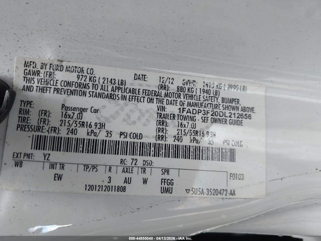 2013 Ford Focus Se მანქანა იყიდება აუქციონზე, vin: 1FADP3F20DL212656, აუქციონის ნომერი: 44855040