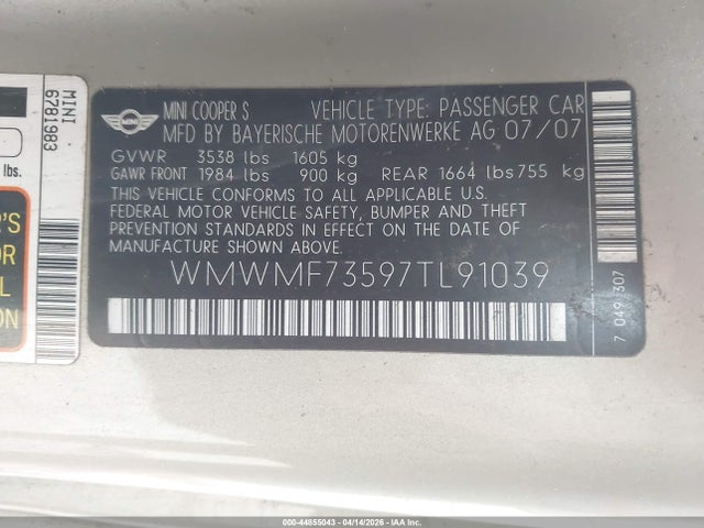 2007 MINI COOPER S WMWMF73597TL91039 Photo 8