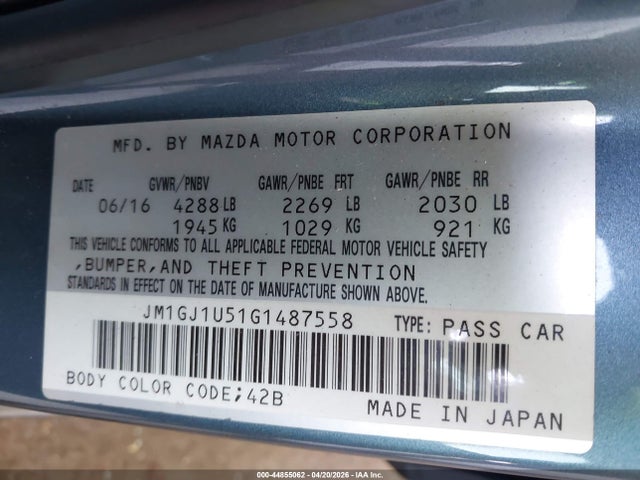 2016 Mazda Mazda6 I Sport მანქანა იყიდება აუქციონზე, vin: JM1GJ1U51G1487558, აუქციონის ნომერი: 44855062