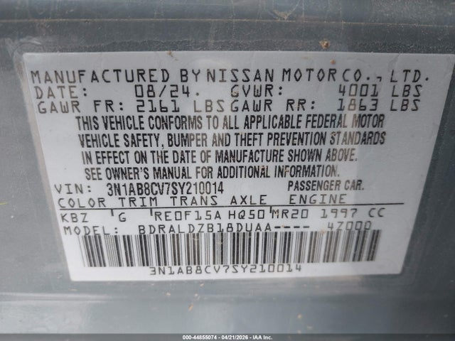 Продажа на аукционе авто 2025 Nissan Sentra Sv, vin: 3N1AB8CV7SY210014, номер лота: 44855074
