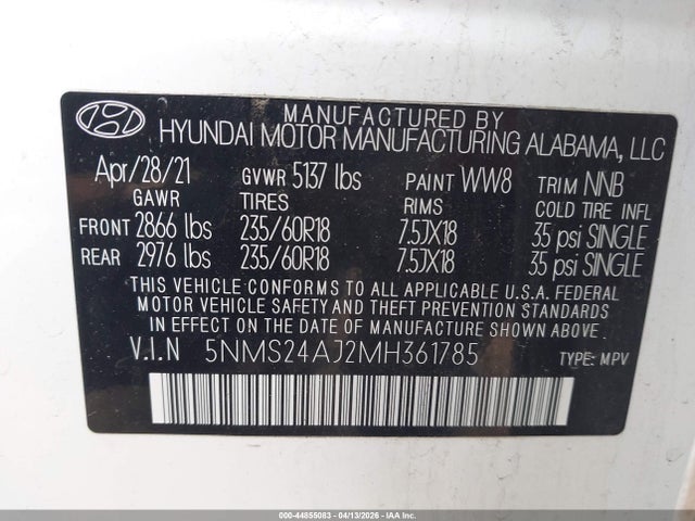 Aukcja sprzedaży 2021 Hyundai Santa Fe Sel, vin: 5NMS24AJ2MH361785, numer aukcji: 44855083