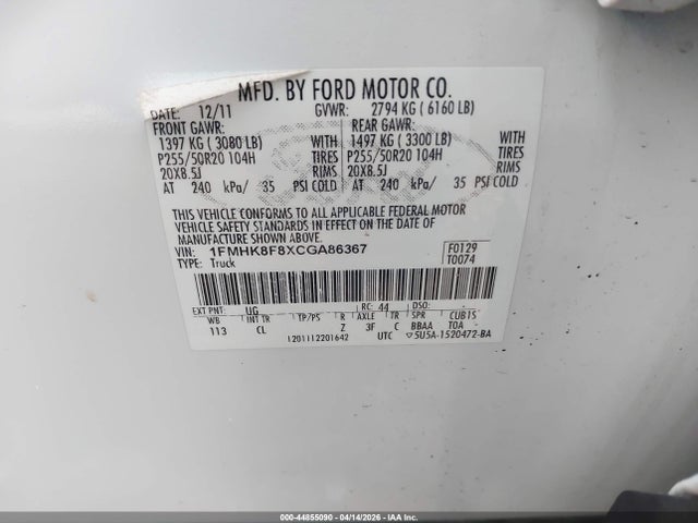2012 Ford Explorer Limited მანქანა იყიდება აუქციონზე, vin: 1FMHK8F8XCGA86367, აუქციონის ნომერი: 44855090