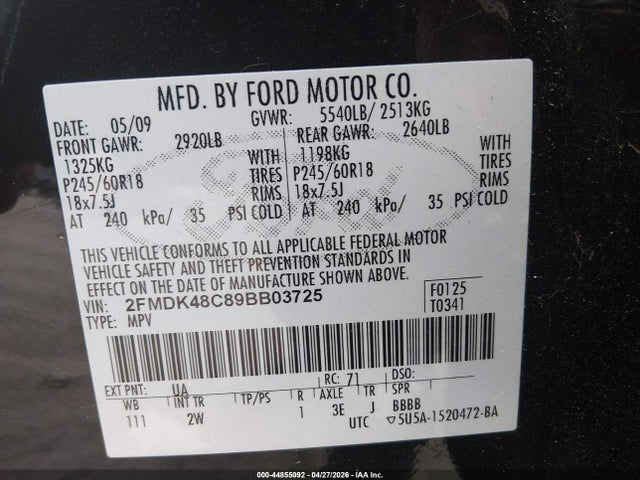 2009 Ford Edge Sel მანქანა იყიდება აუქციონზე, vin: 2FMDK48C89BB03725, აუქციონის ნომერი: 44855092