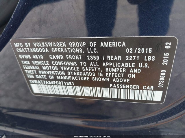 Продажа на аукционе авто 2015 Volkswagen Passat 1.8t Wolfsburg Edition, vin: 1VWAT7A34FC071381, номер лота: 44855096