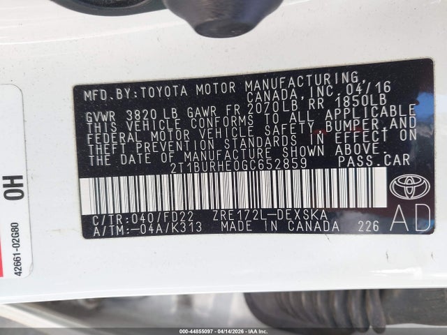 2T1BURHE0GC652859 Toyota Corolla S Plus