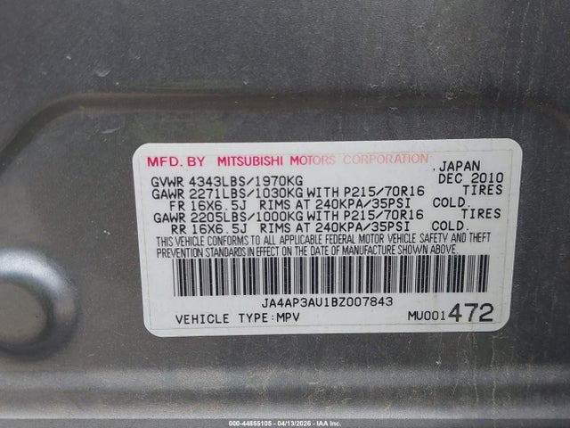 Aukcja sprzedaży 2011 Mitsubishi Outlander Sport Es, vin: JA4AP3AU1BZ007843, numer aukcji: 44855105