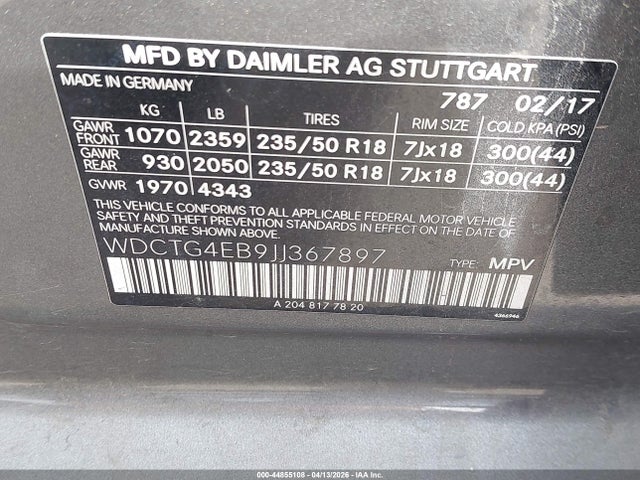 2018 Mercedes-benz Gla 250 მანქანა იყიდება აუქციონზე, vin: WDCTG4EB9JJ367897, აუქციონის ნომერი: 44855108
