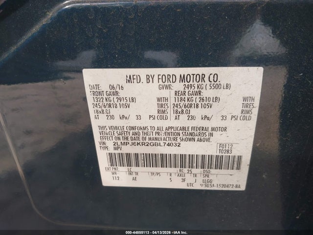 44855113 :رقم المزاد ، 2LMPJ6KR2GBL74032 vin ، 2016 Lincoln Mkx Select مزاد بيع