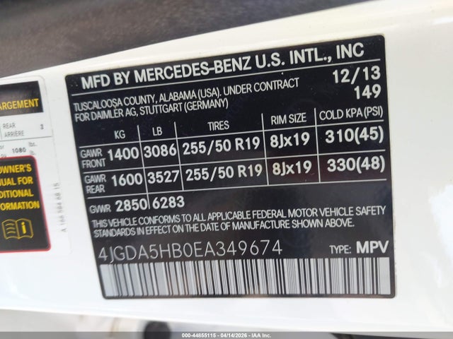 Продаж на аукціоні авто 2014 Mercedes-benz Ml 350 4matic, vin: 4JGDA5HB0EA349674, номер лоту: 44855115