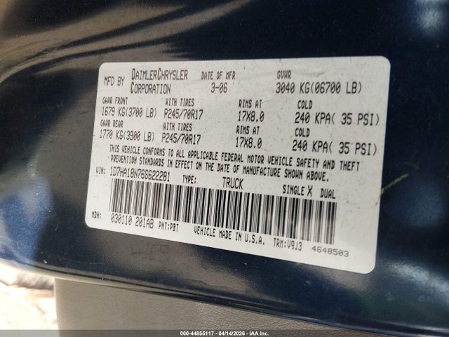 Aukcja sprzedaży 2006 Dodge Ram 1500 Slt, vin: 1D7HA18N76S622281, numer aukcji: 44855117