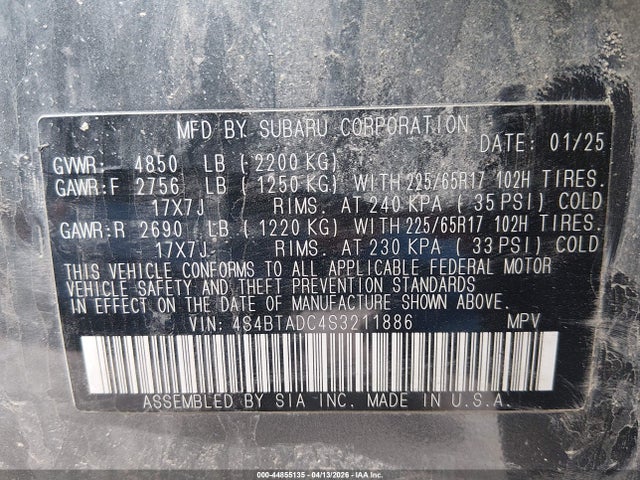 2025 Subaru Outback Premium მანქანა იყიდება აუქციონზე, vin: 4S4BTADC4S3211886, აუქციონის ნომერი: 44855135