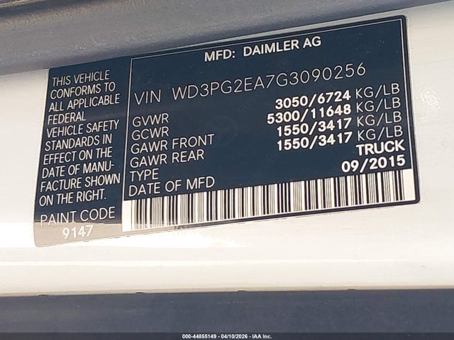 Aukcja sprzedaży 2016 Mercedes-benz Metris, vin: WD3PG2EA7G3090256, numer aukcji: 44855149