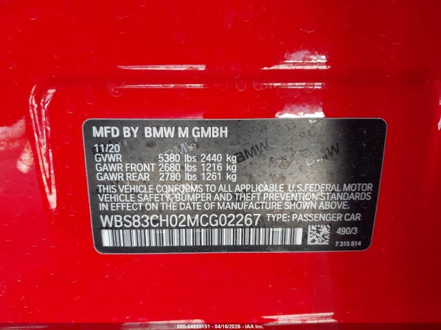 44855151 :رقم المزاد ، WBS83CH02MCG02267 vin ، 2021 Bmw M5 مزاد بيع
