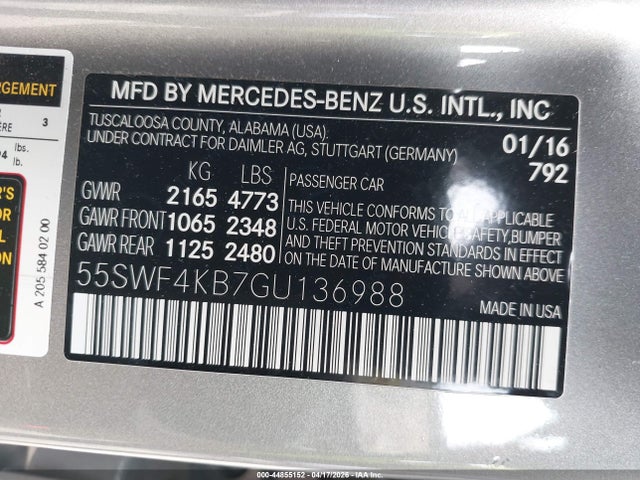 44855152 :رقم المزاد ، 55SWF4KB7GU136988 vin ، 2016 Mercedes-benz C 300 4matic مزاد بيع