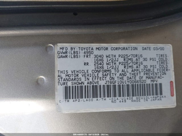 Продаж на аукціоні авто 2000 Lexus Rx 300, vin: JT6GF10U1Y0066520, номер лоту: 44855170