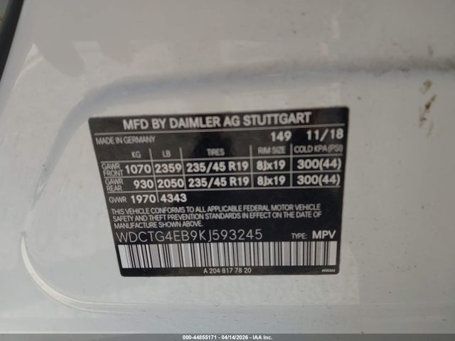 2019 Mercedes-benz Gla 250 მანქანა იყიდება აუქციონზე, vin: WDCTG4EB9KJ593245, აუქციონის ნომერი: 44855171