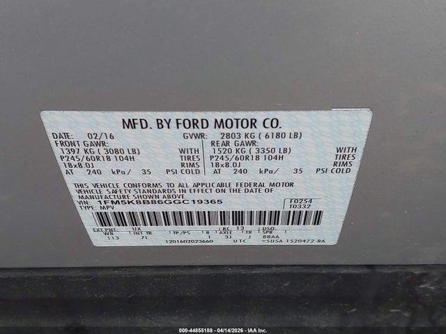 Aukcja sprzedaży 2016 Ford Explorer, vin: 1FM5K8B86GGC19365, numer aukcji: 44855188