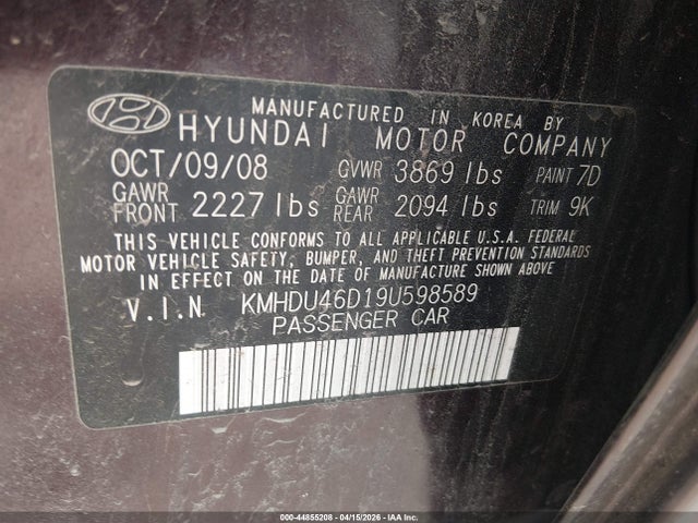 Продаж на аукціоні авто 2009 Hyundai Elantra Gls, vin: KMHDU46D19U598589, номер лоту: 44855208