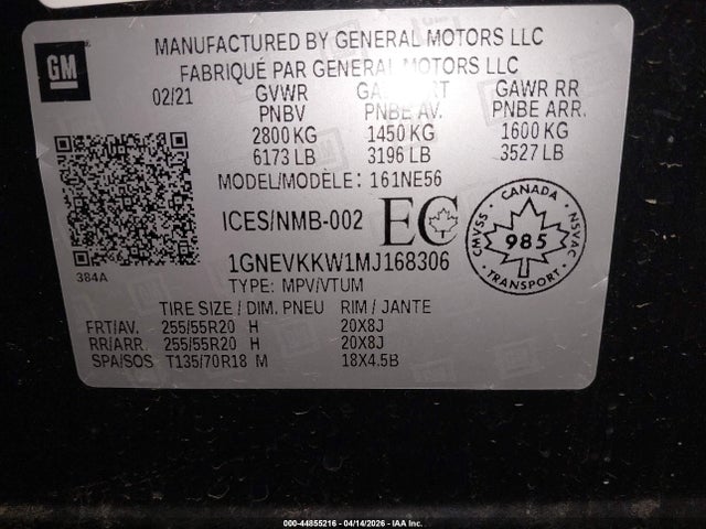 Aukcja sprzedaży 2021 Chevrolet Traverse Premier, vin: 1GNEVKKW1MJ168306, numer aukcji: 44855216