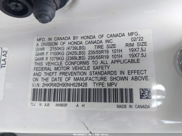 2HKRW2H90NH628428 Honda Cr-v Awd Touring